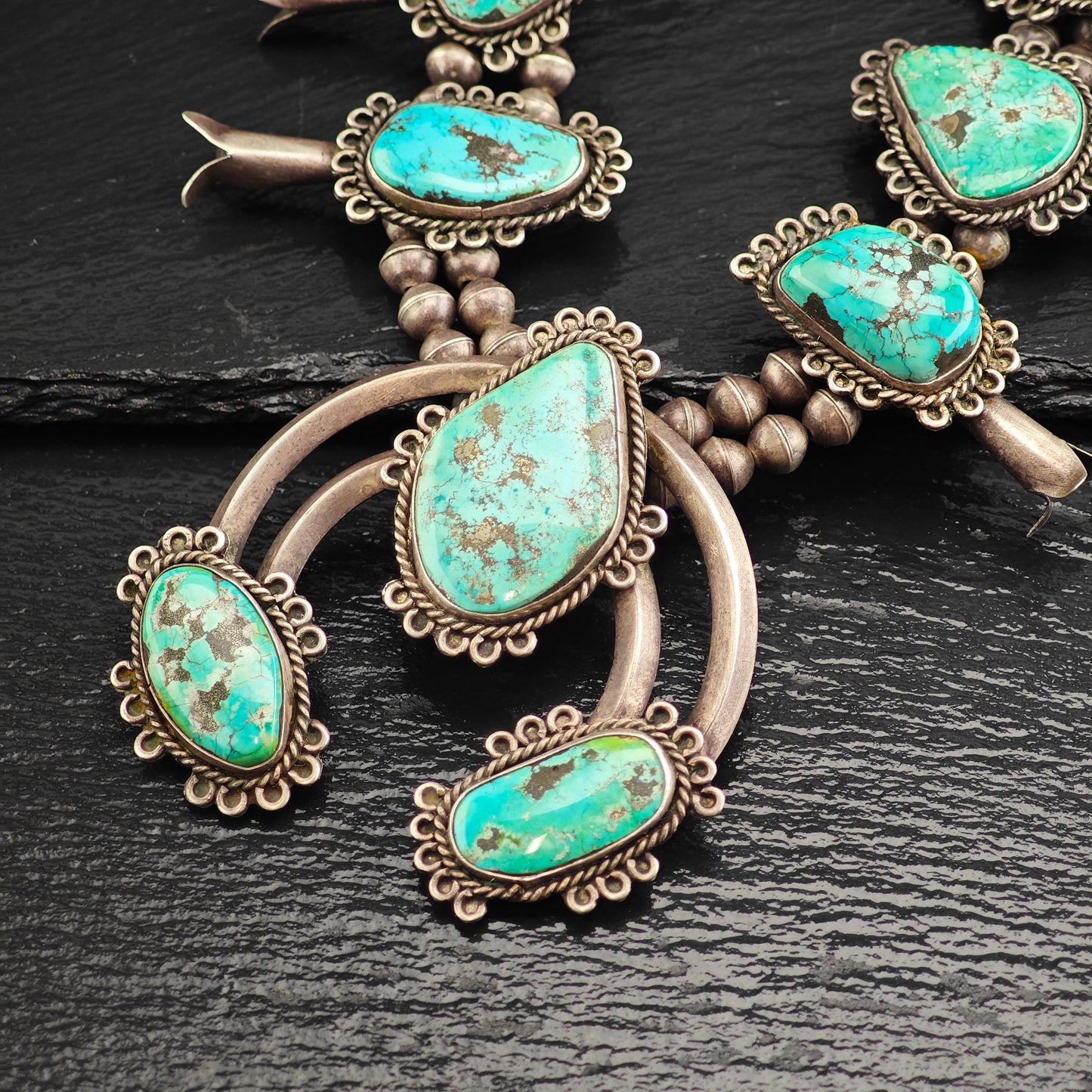 Vintage Native American Sterling Silver, Morenci Turquoise Squash Blossom Necklace  N2709