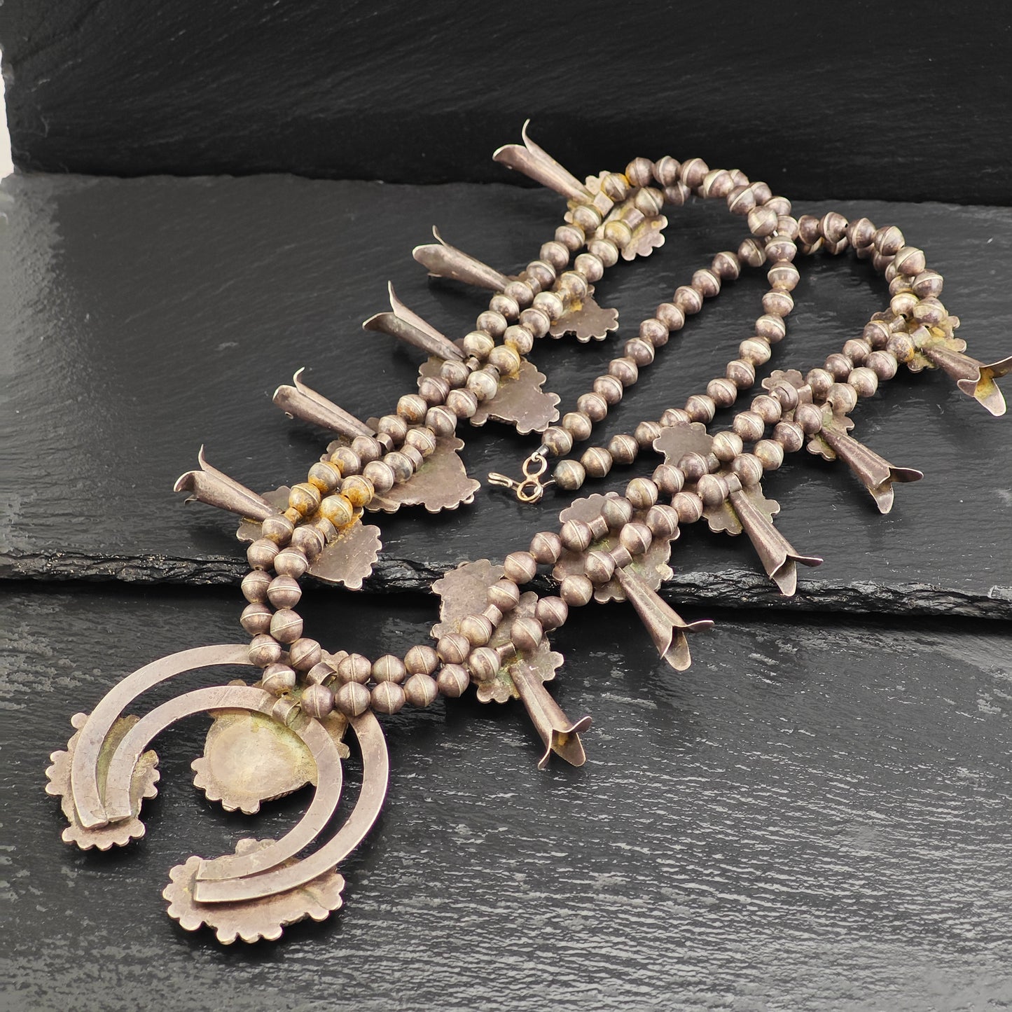 Vintage Native American Sterling Silver, Morenci Turquoise Squash Blossom Necklace  N2709