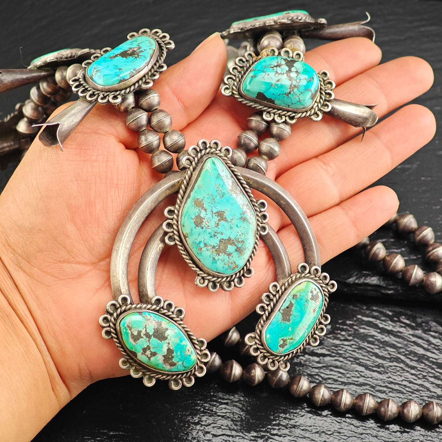 Vintage Native American Sterling Silver, Morenci Turquoise Squash Blossom Necklace  N2709