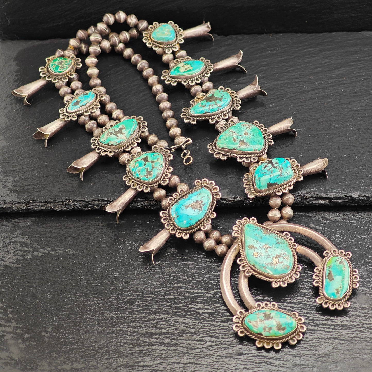 Vintage Native American Sterling Silver, Morenci Turquoise Squash Blossom Necklace  N2709