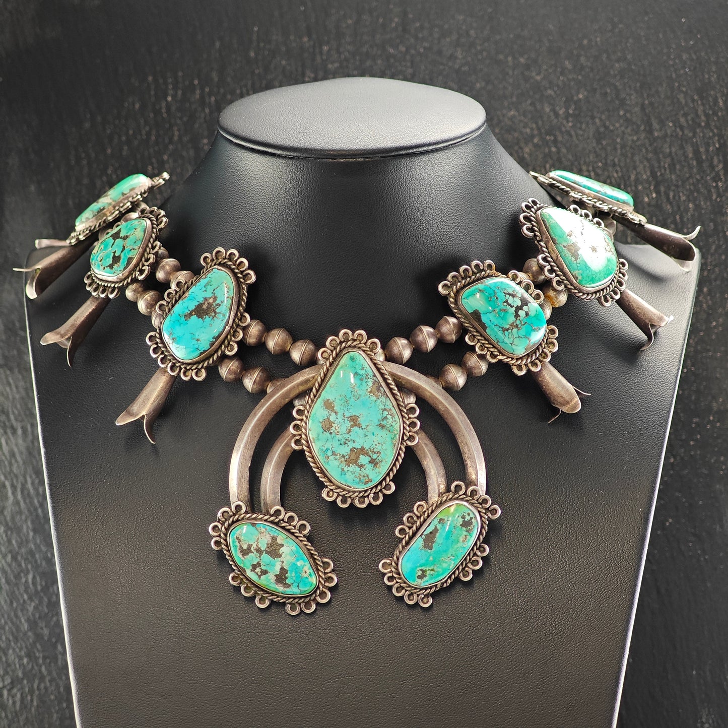 Vintage Native American Sterling Silver, Morenci Turquoise Squash Blossom Necklace  N2709