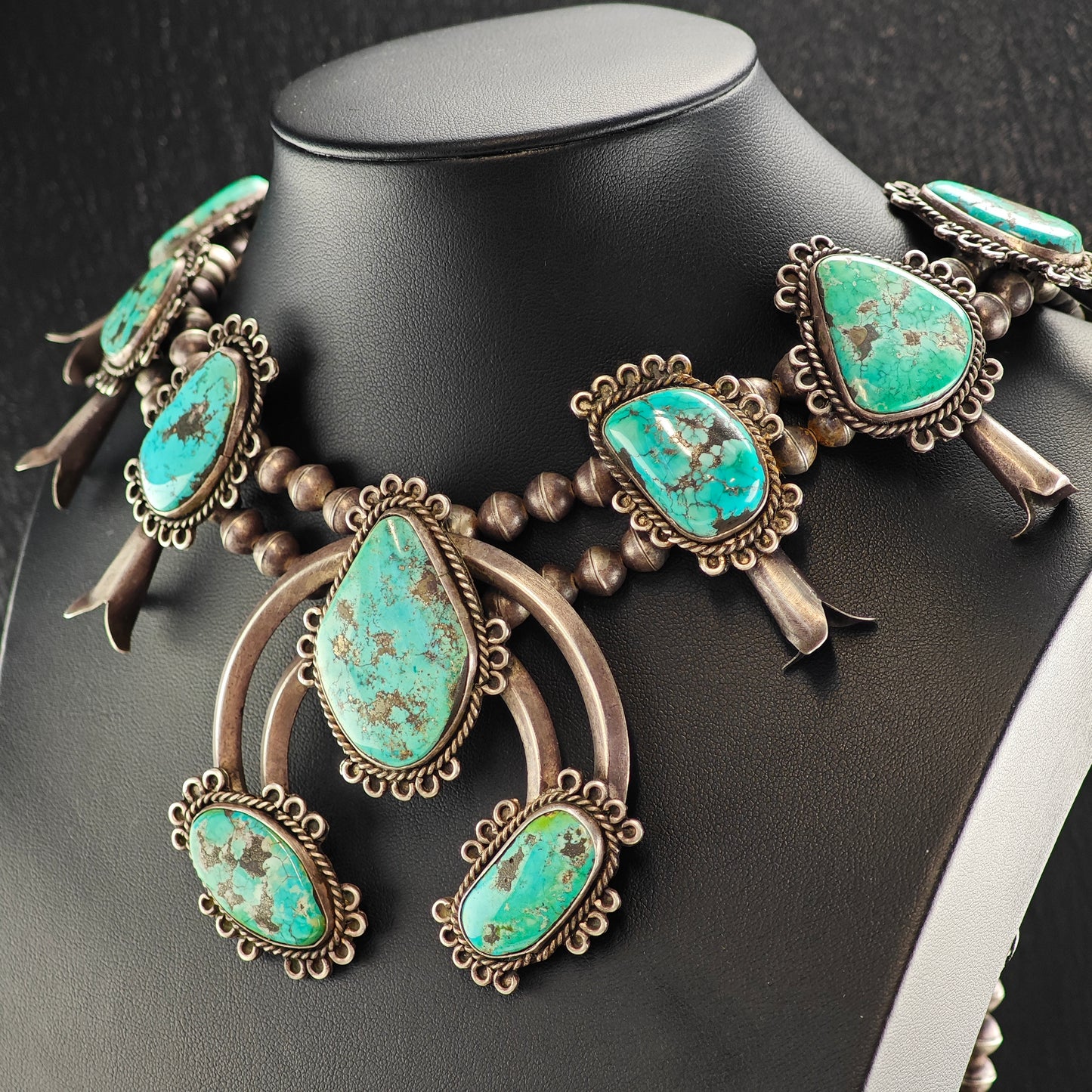 Vintage Native American Sterling Silver, Morenci Turquoise Squash Blossom Necklace  N2709