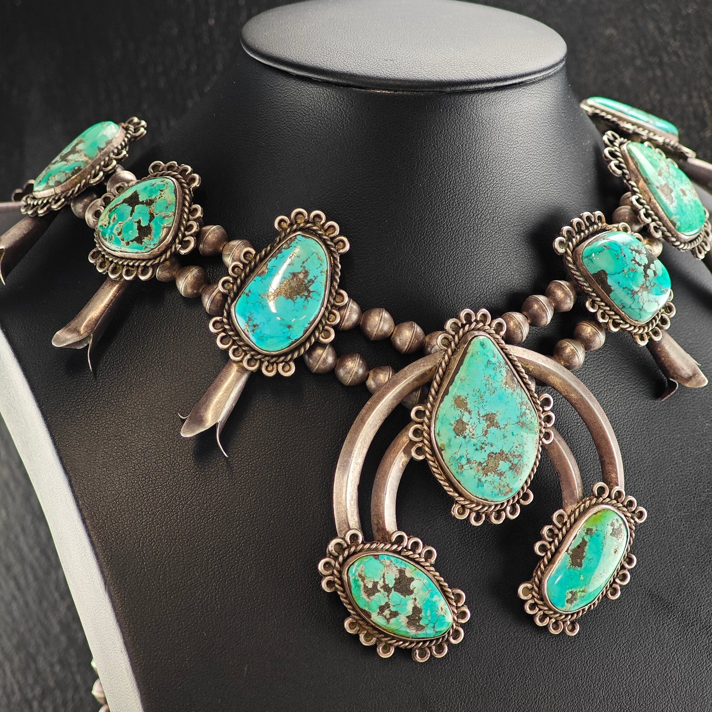 Vintage Native American Sterling Silver, Morenci Turquoise Squash Blossom Necklace  N2709