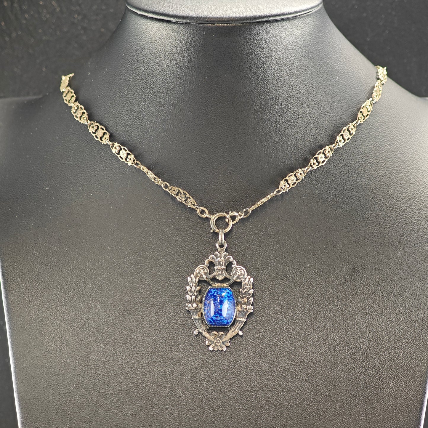 Blue Art Deco Glass, Sterling Silver Necklace N2710