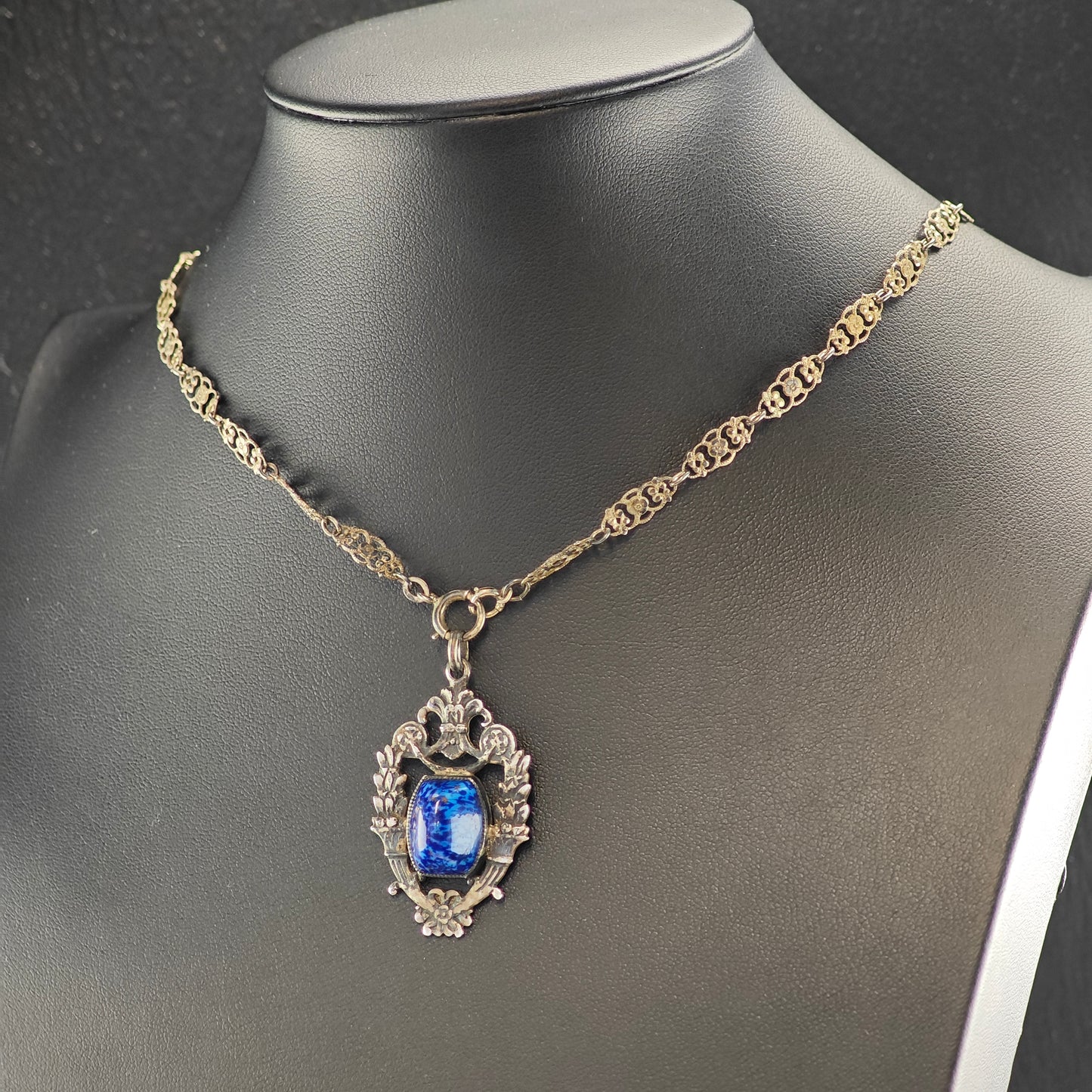 Blue Art Deco Glass, Sterling Silver Necklace N2710