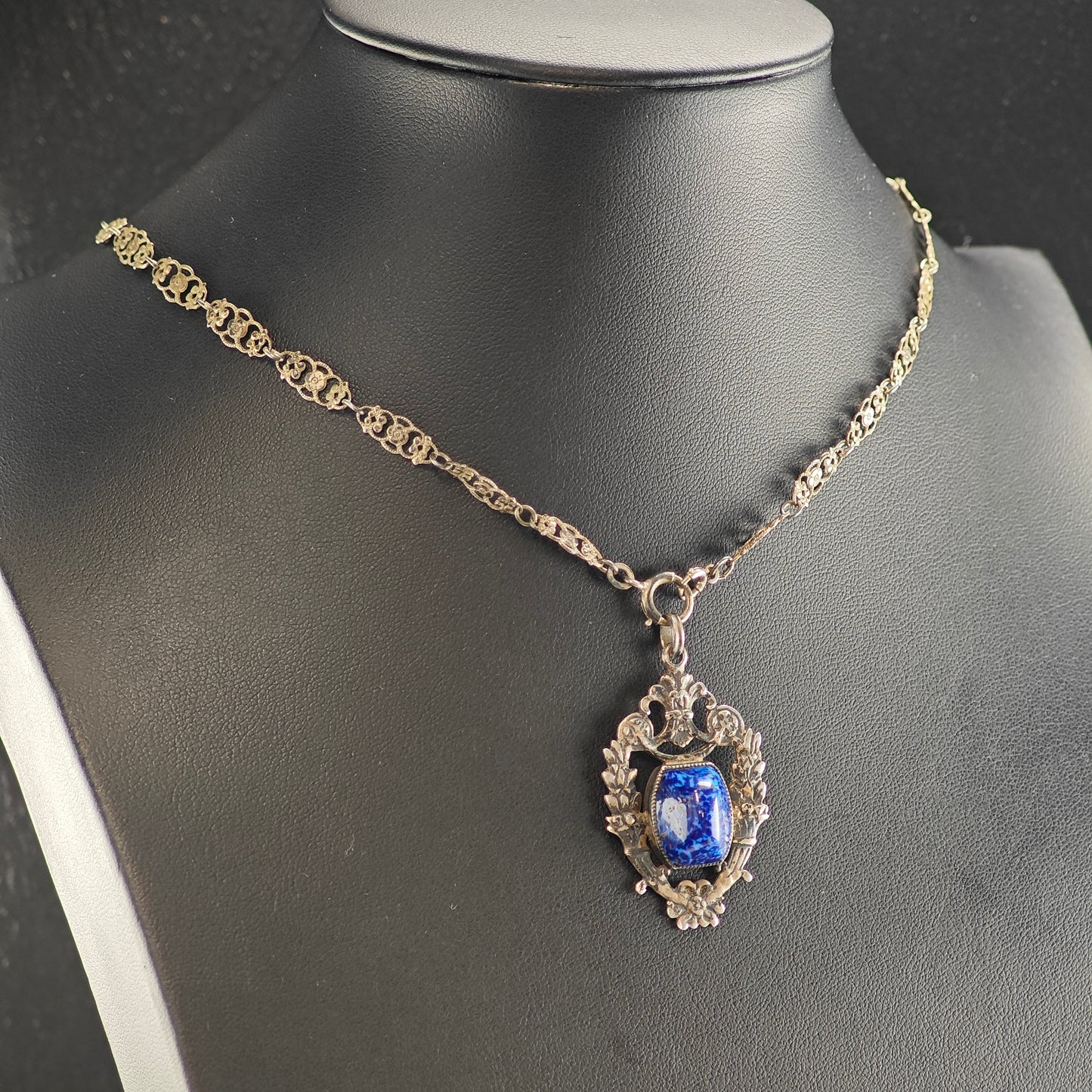 Blue Art Deco Glass, Sterling Silver Necklace N2710