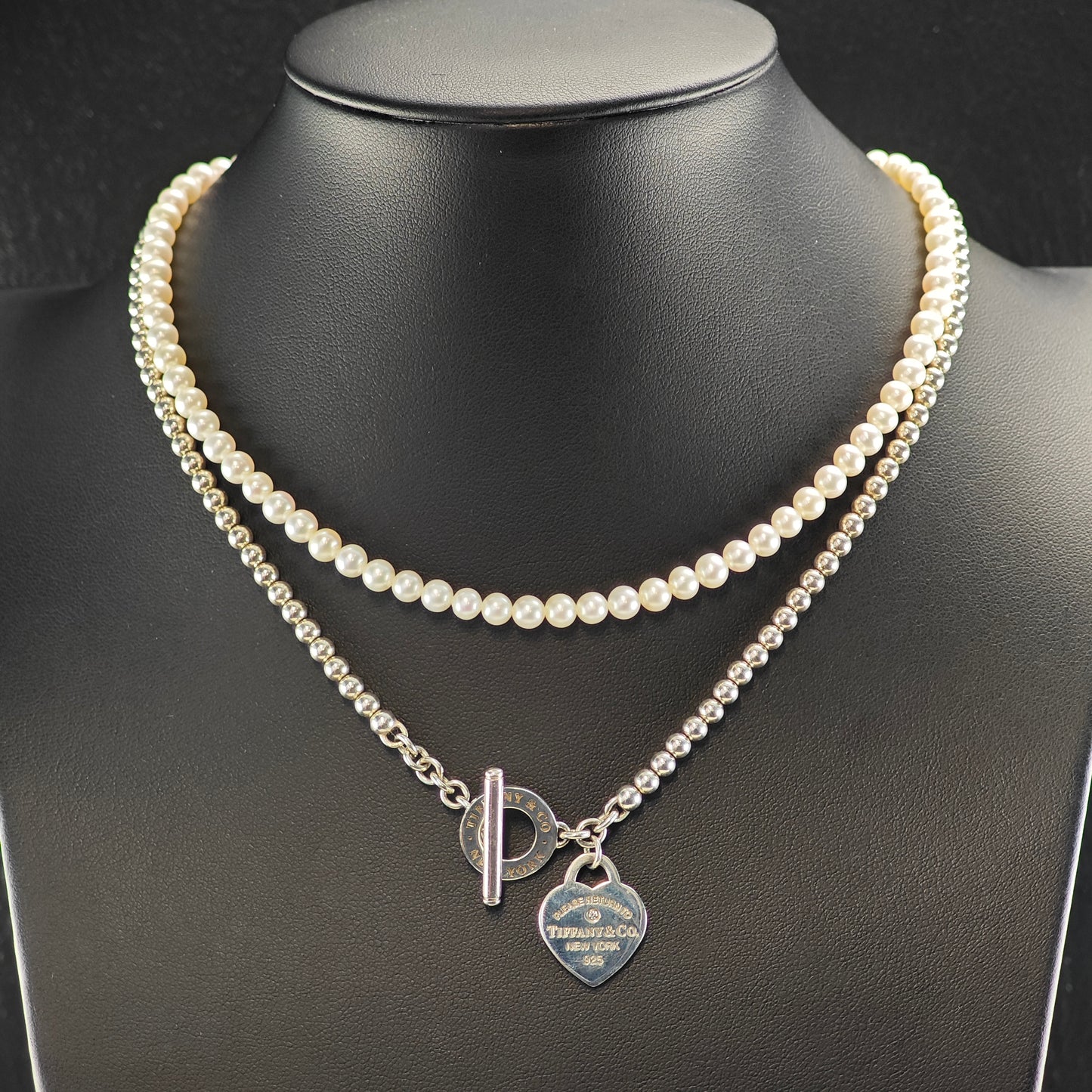 Vintage Tiffany Pearl & Diamond Heart Tag Wrap, Sterling Silver Beaded Necklace N2712