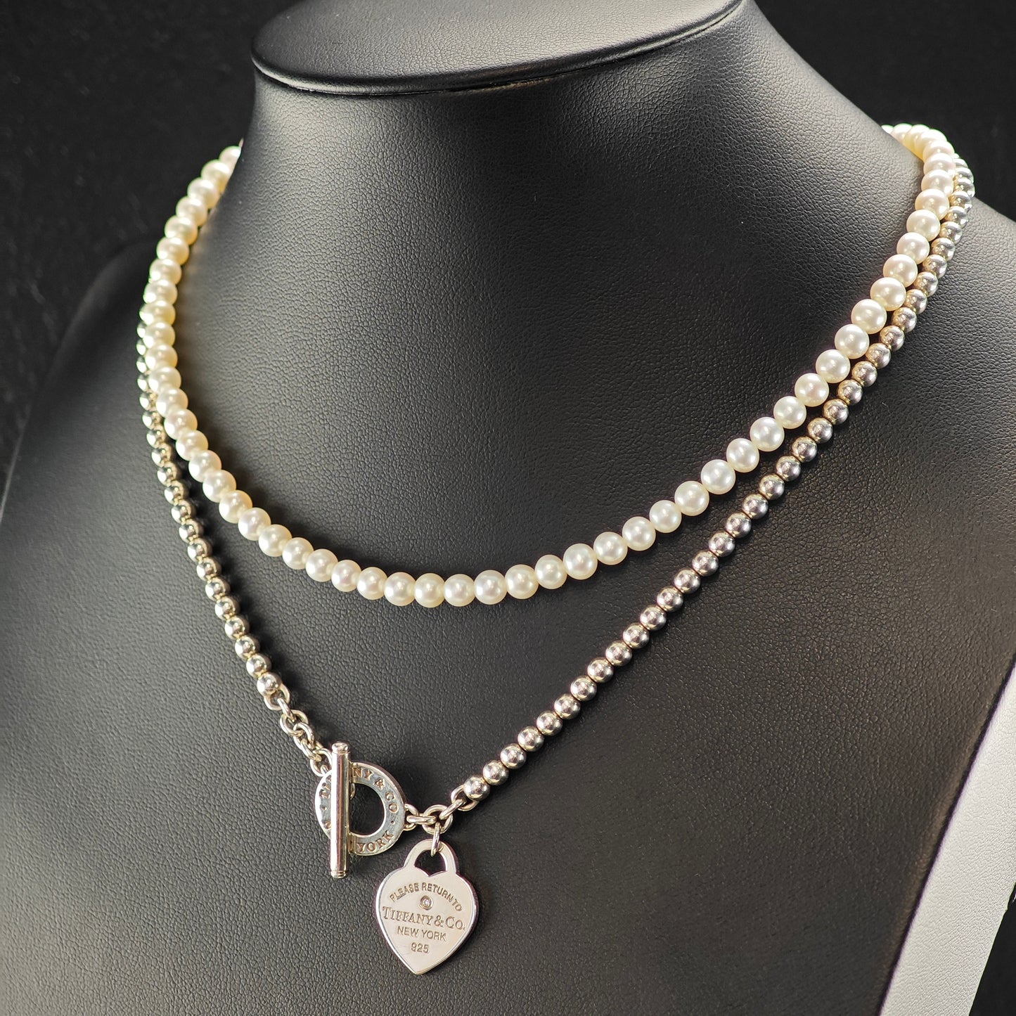 Vintage Tiffany Pearl & Diamond Heart Tag Wrap, Sterling Silver Beaded Necklace N2712