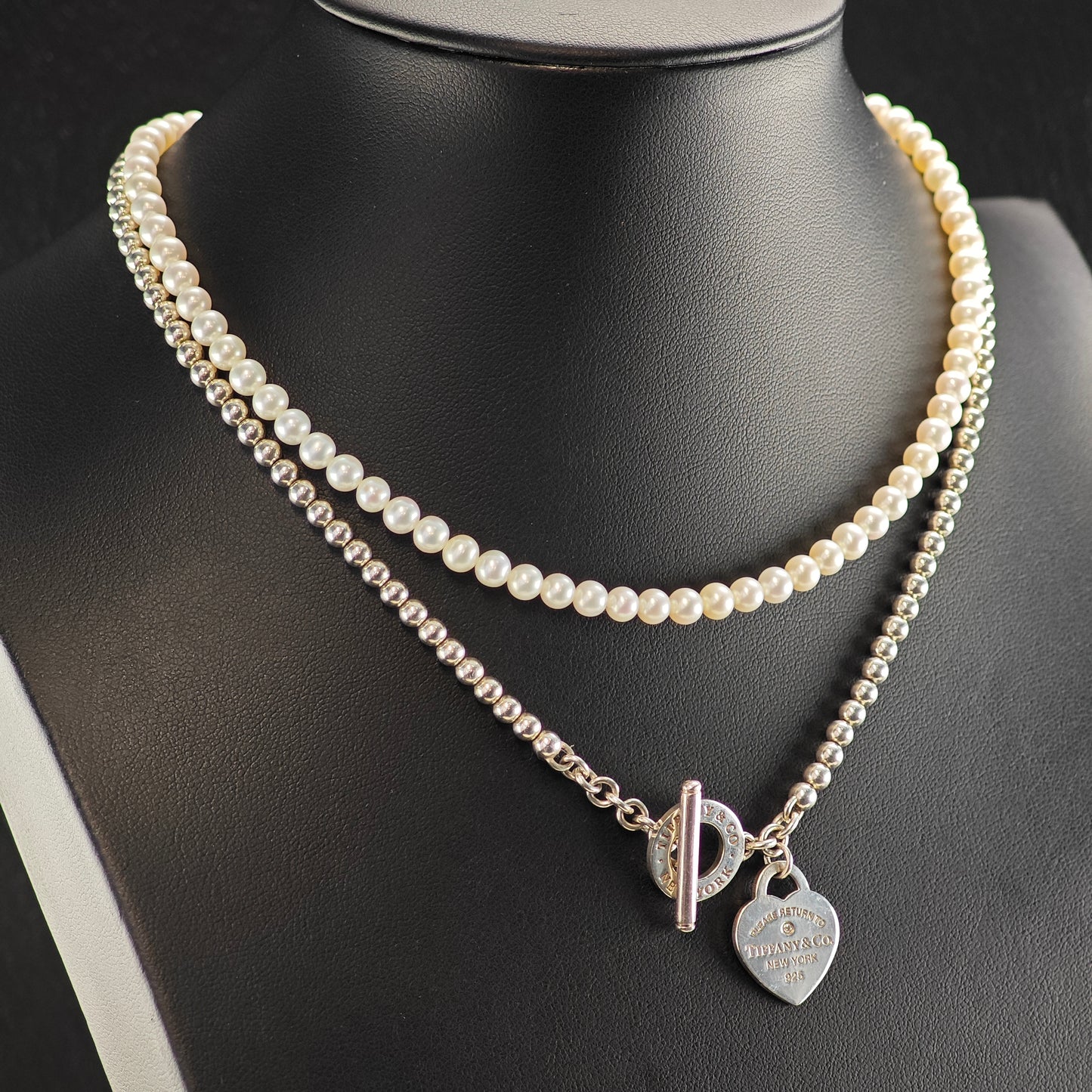 Vintage Tiffany Pearl & Diamond Heart Tag Wrap, Sterling Silver Beaded Necklace N2712