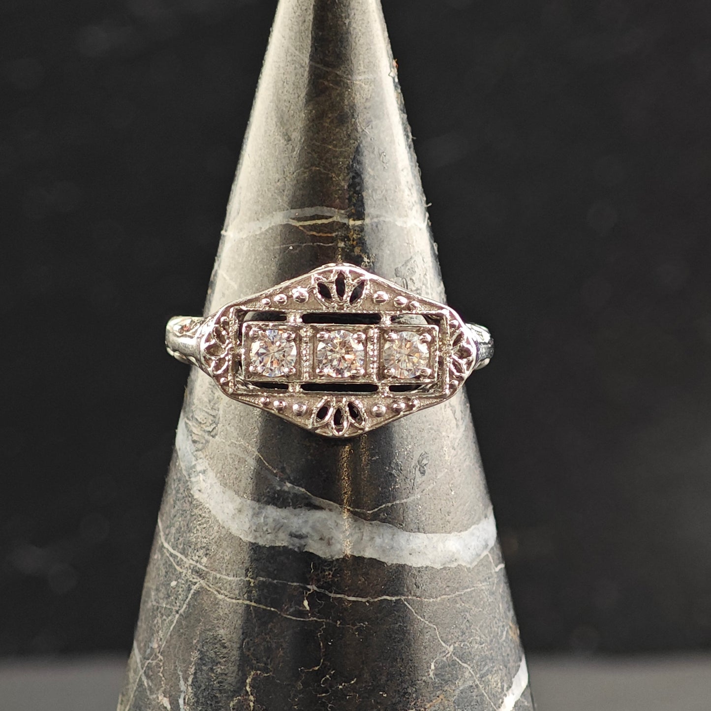 Art Deco Style CZ Filigree Sterling Silver Ring Sz 8 R6506