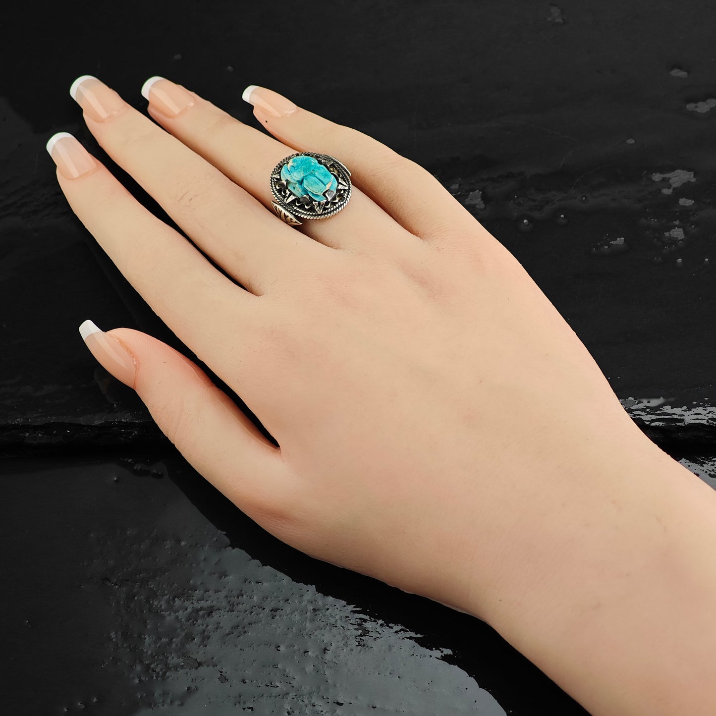 Egyptian Turquoise Color Scarab Sterling Silver Ring Sz 5 1/2 R6477
