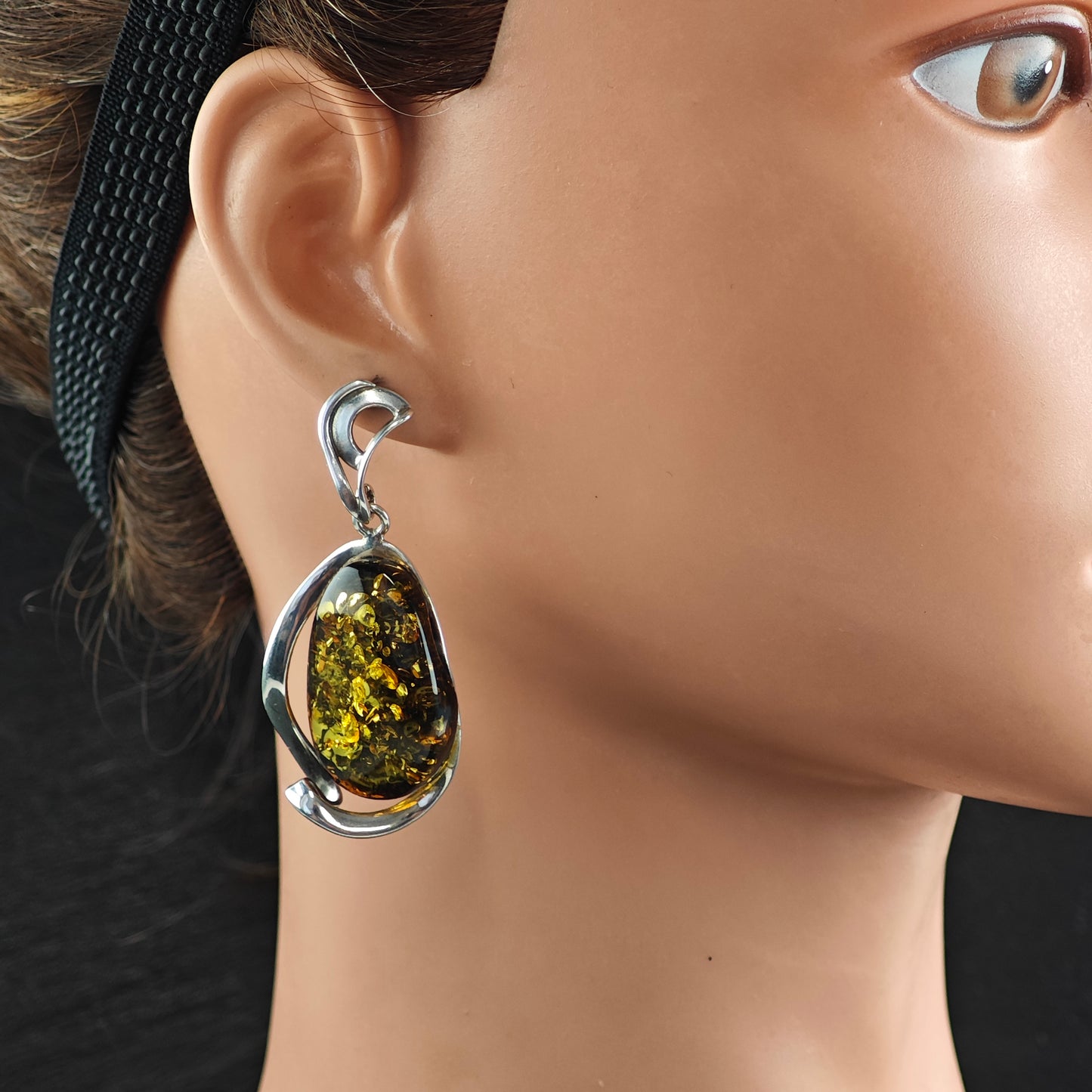 Abstract Baltic Green Amber Sterling Silver Stud/Dangle Earrings ER3102
