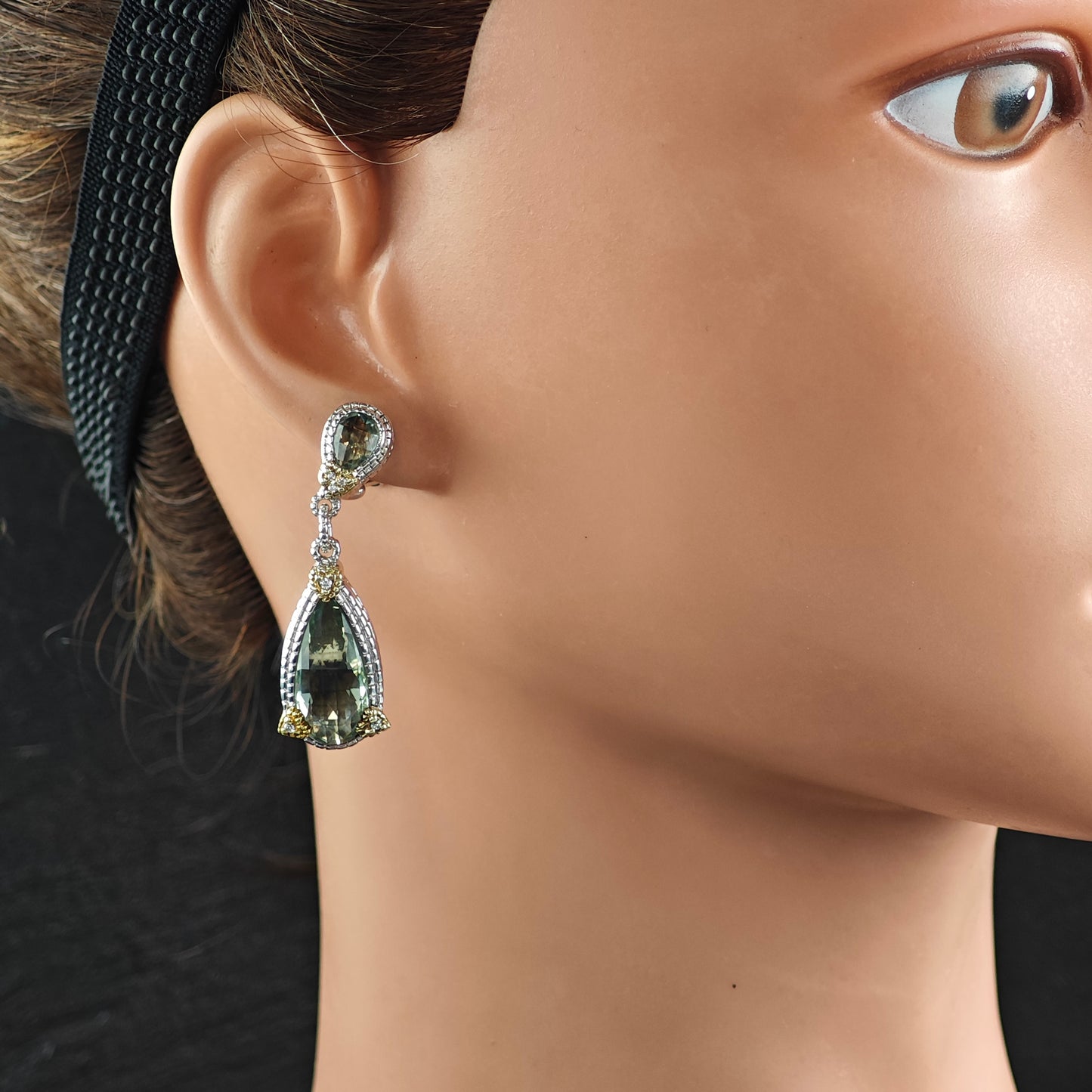 Judith Ripka JR Two Collection Prasiolite Diamond 18K Gold Post Sterling Silver Omega Back/Dangle Earrings ER3105