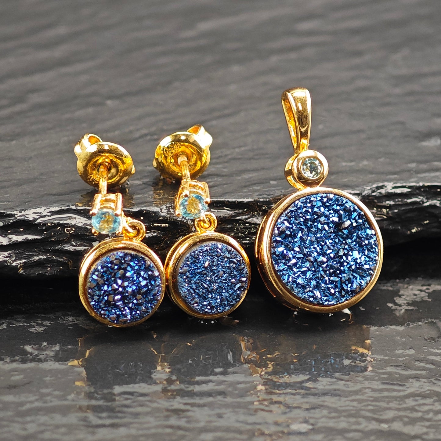 Druzy, Topaz Gold Plated Pendant and Earring Sterling Silver Set MISC0371