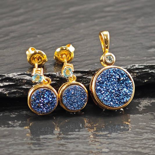 Druzy, Topaz Gold Plated Pendant and Earring Sterling Silver Set MISC0371