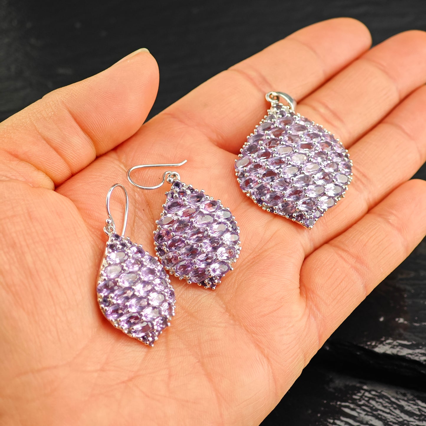 Amethyst Cluster Pendant and Earring Set Sterling Silver MISC0372