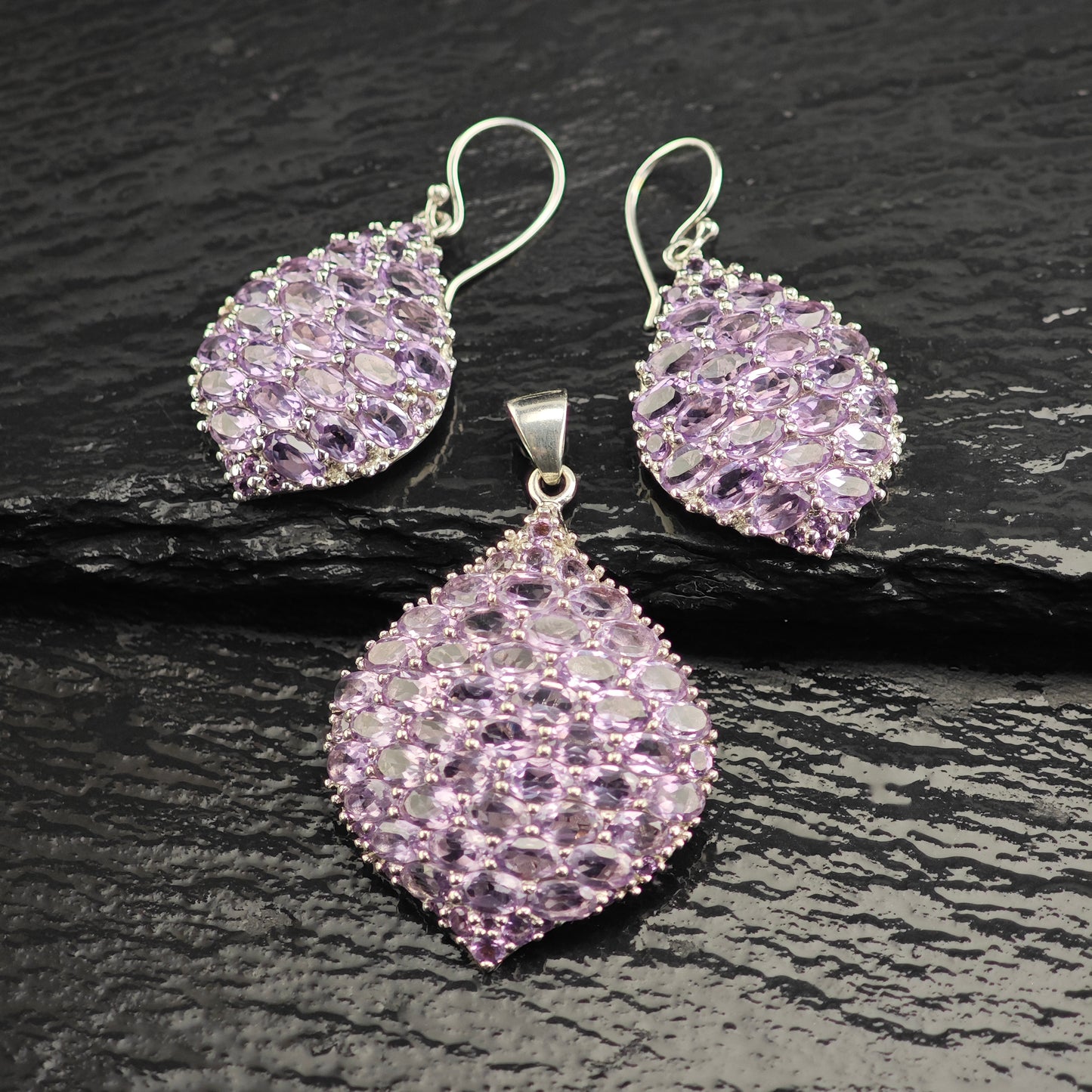 Amethyst Cluster Pendant and Earring Set Sterling Silver MISC0372