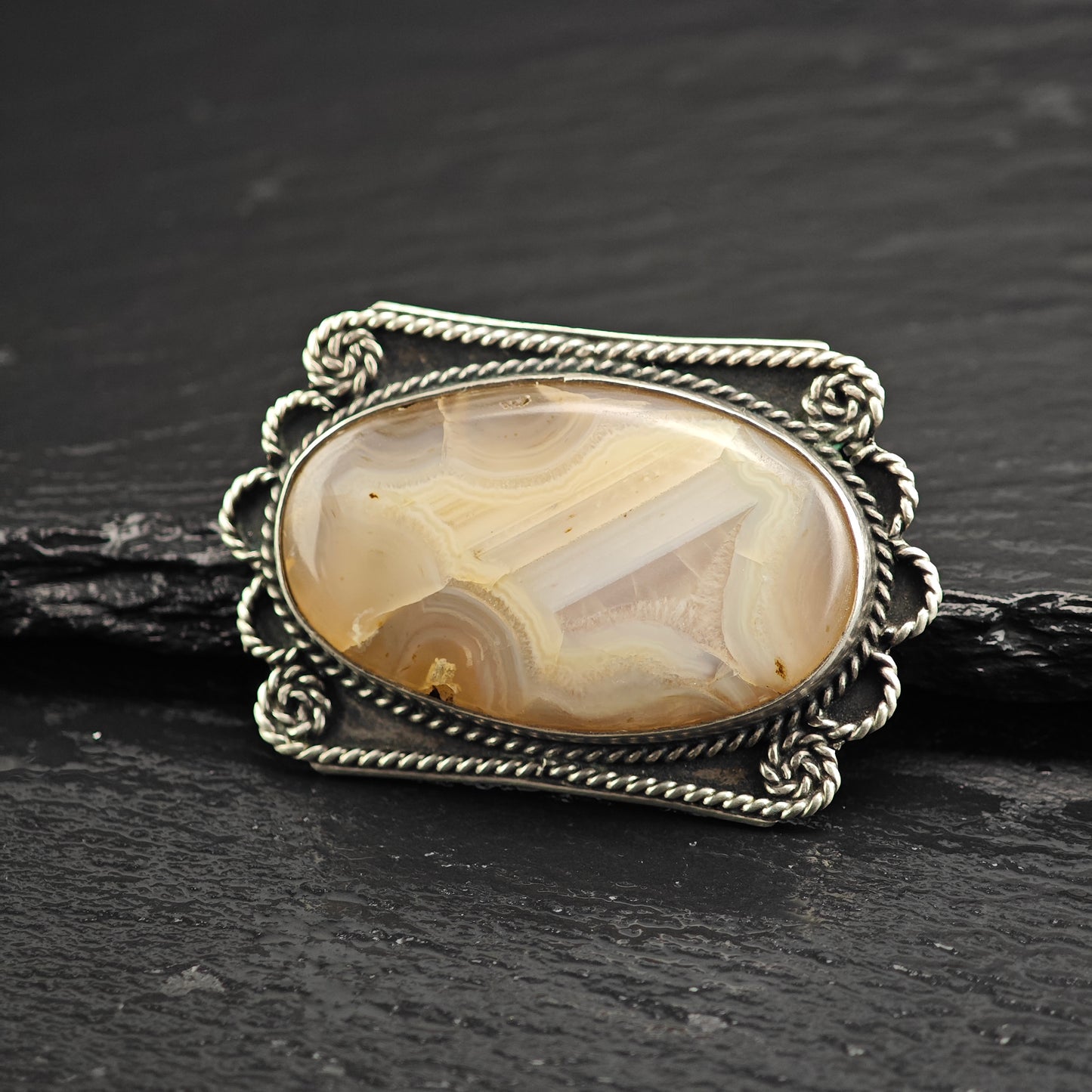 Vintage Agate Set of Native American Sterling Silver Cuff, Pendant, Brooch, and Ring Sz 6 1/4" MISC0373