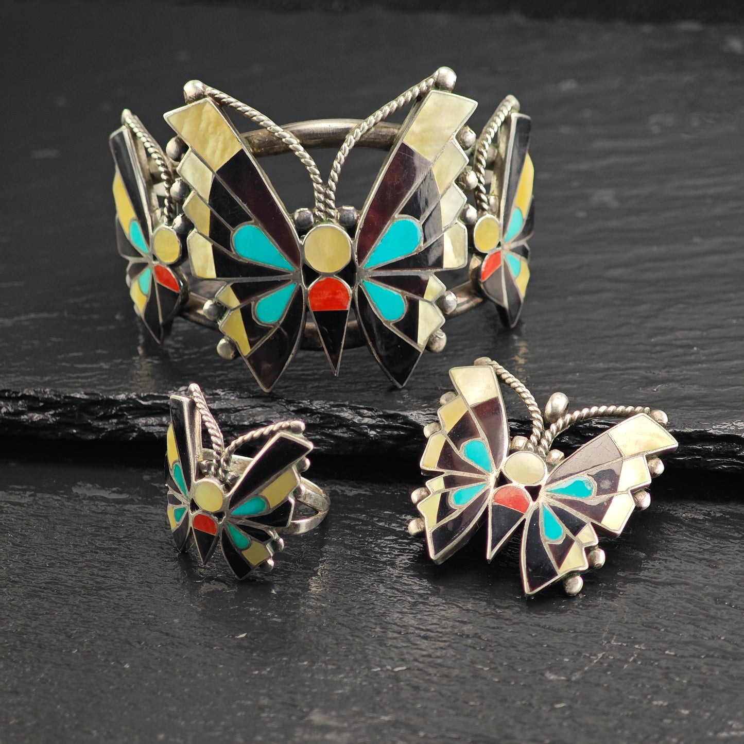 Vintage Zuni, Native American Inlay Butterfly Set of Sterling Silver Cuff, Brooch/Pendant, and Ring Sz 8" MISC0374