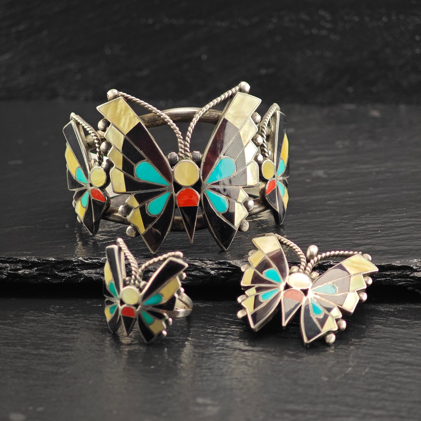 Vintage Zuni, Native American Inlay Butterfly Set of Sterling Silver Cuff, Brooch/Pendant, and Ring Sz 8" MISC0374
