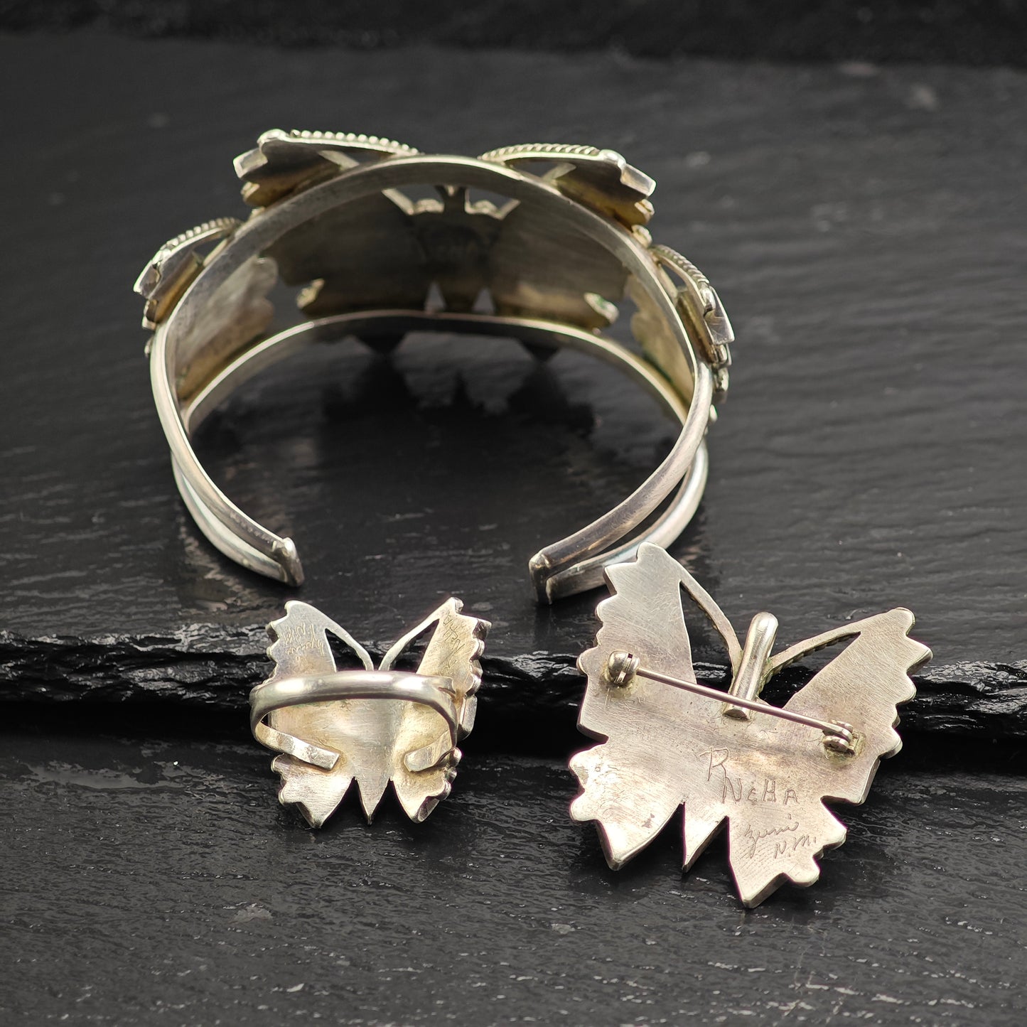 Vintage Zuni, Native American Inlay Butterfly Set of Sterling Silver Cuff, Brooch/Pendant, and Ring Sz 8" MISC0374