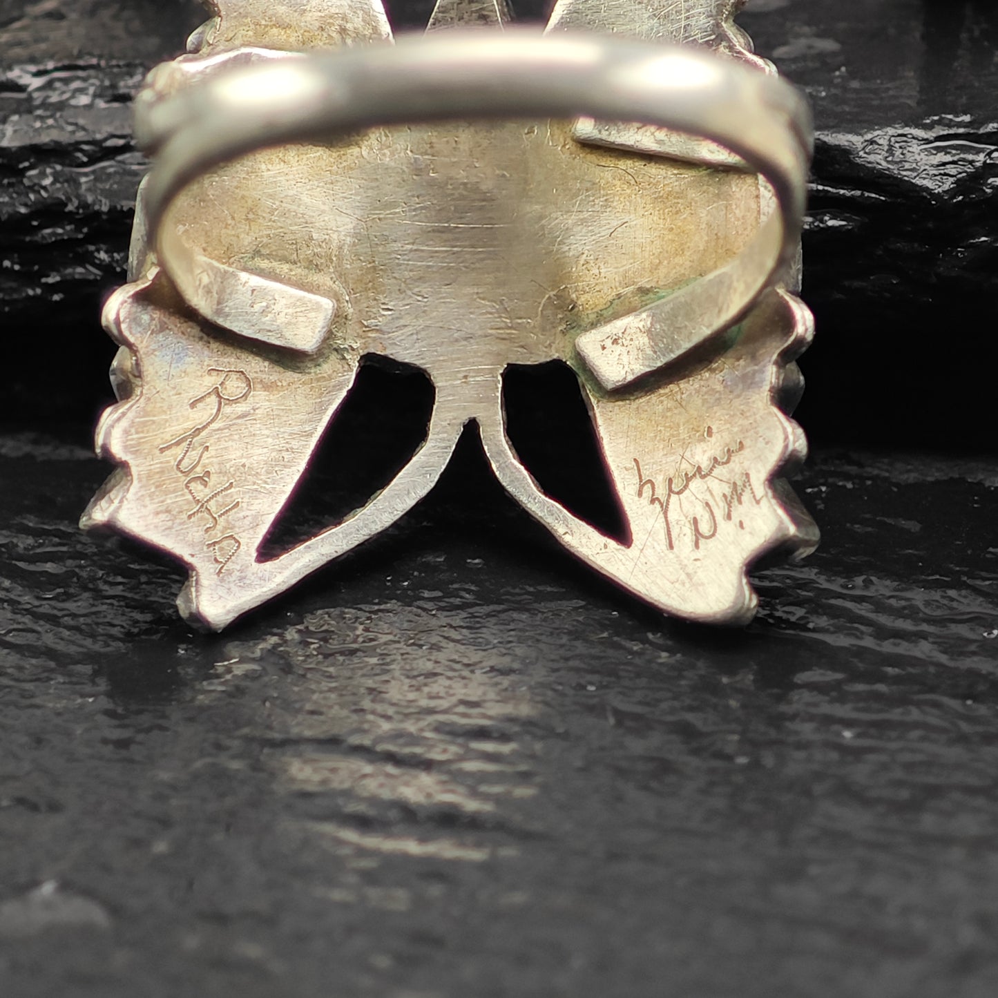Vintage Zuni, Native American Inlay Butterfly Set of Sterling Silver Cuff, Brooch/Pendant, and Ring Sz 8" MISC0374