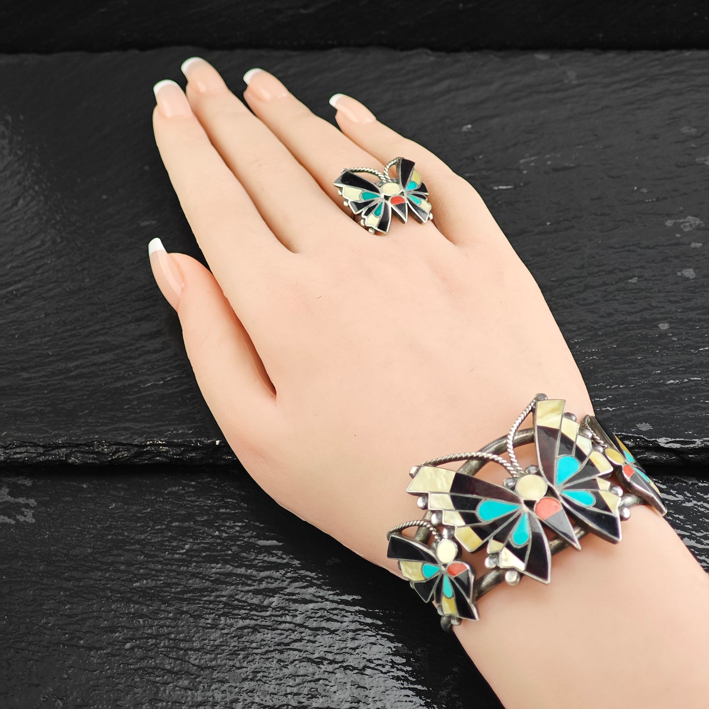 Vintage Zuni, Native American Inlay Butterfly Set of Sterling Silver Cuff, Brooch/Pendant, and Ring Sz 8" MISC0374