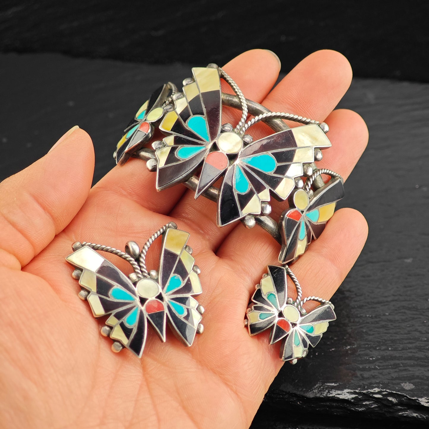 Vintage Zuni, Native American Inlay Butterfly Set of Sterling Silver Cuff, Brooch/Pendant, and Ring Sz 8" MISC0374