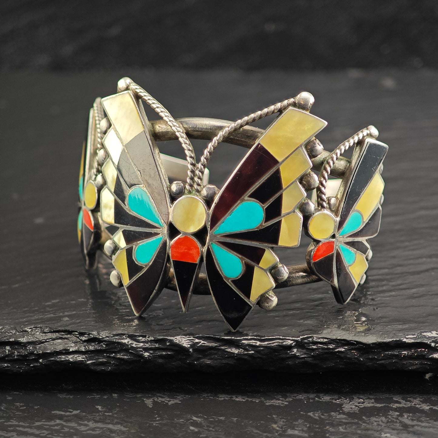 Vintage Zuni, Native American Inlay Butterfly Set of Sterling Silver Cuff, Brooch/Pendant, and Ring Sz 8" MISC0374