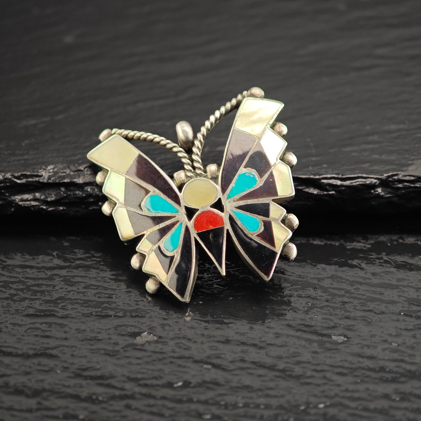 Vintage Zuni, Native American Inlay Butterfly Set of Sterling Silver Cuff, Brooch/Pendant, and Ring Sz 8" MISC0374