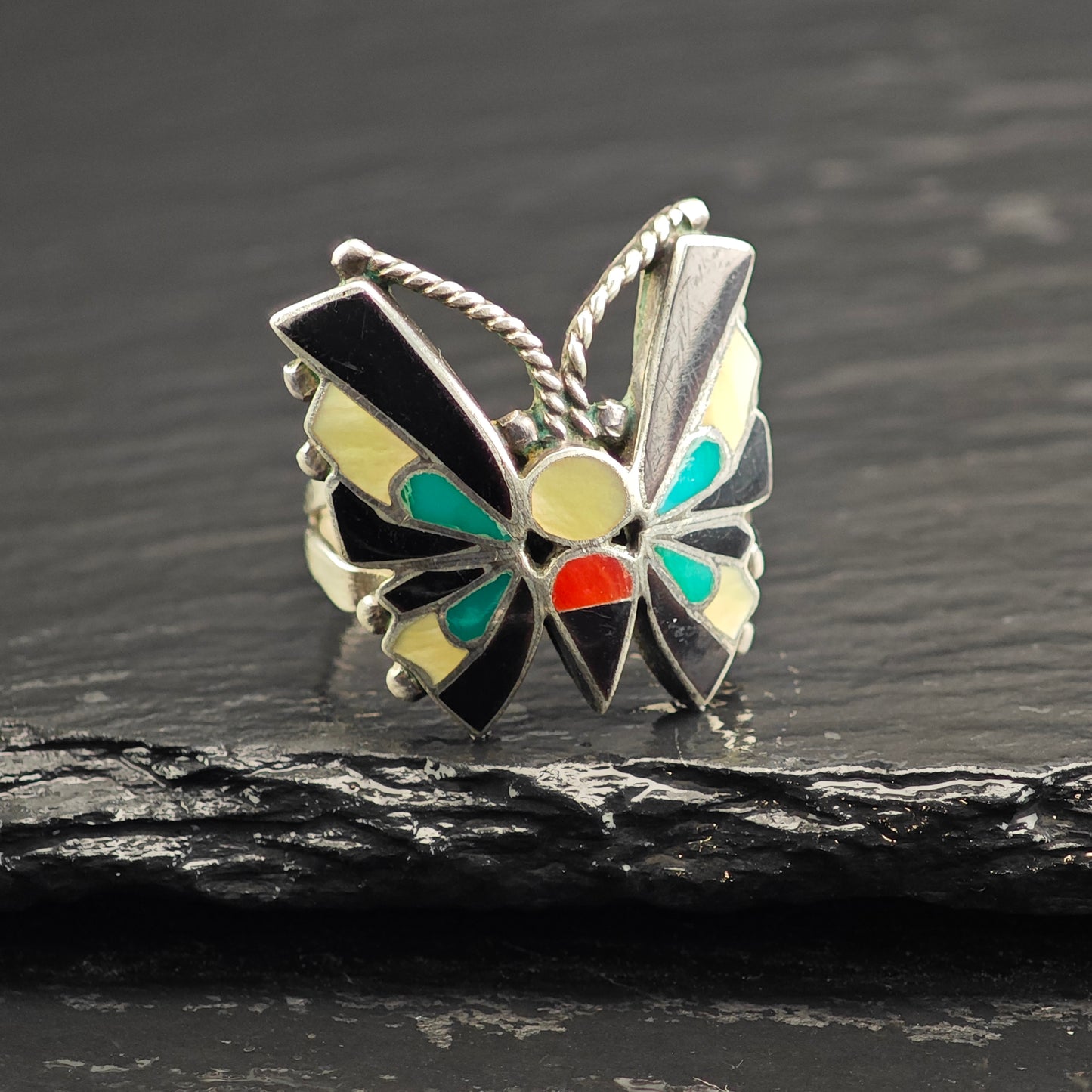 Vintage Zuni, Native American Inlay Butterfly Set of Sterling Silver Cuff, Brooch/Pendant, and Ring Sz 8" MISC0374