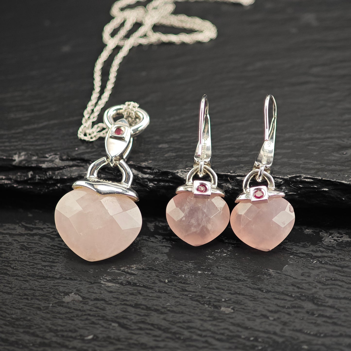 Elle Pink Quartz, Ruby Set Sterling Silver Necklace and Earrings MISC0376