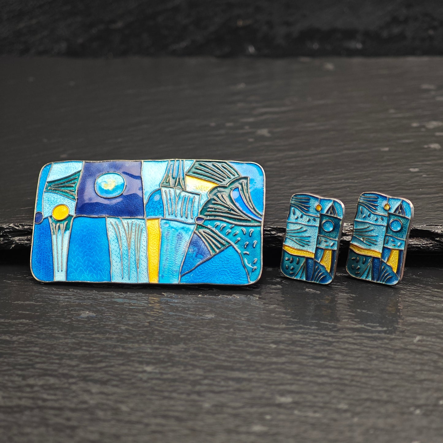 Set of Enamel Abstract, Modernist David Anderson Norway Brooch and Clip-On Earrings Sterling Silver MISC0378