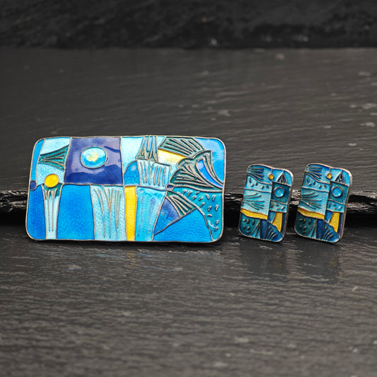 Set of Enamel Abstract, Modernist David Anderson Norway Brooch and Clip-On Earrings Sterling Silver MISC0378