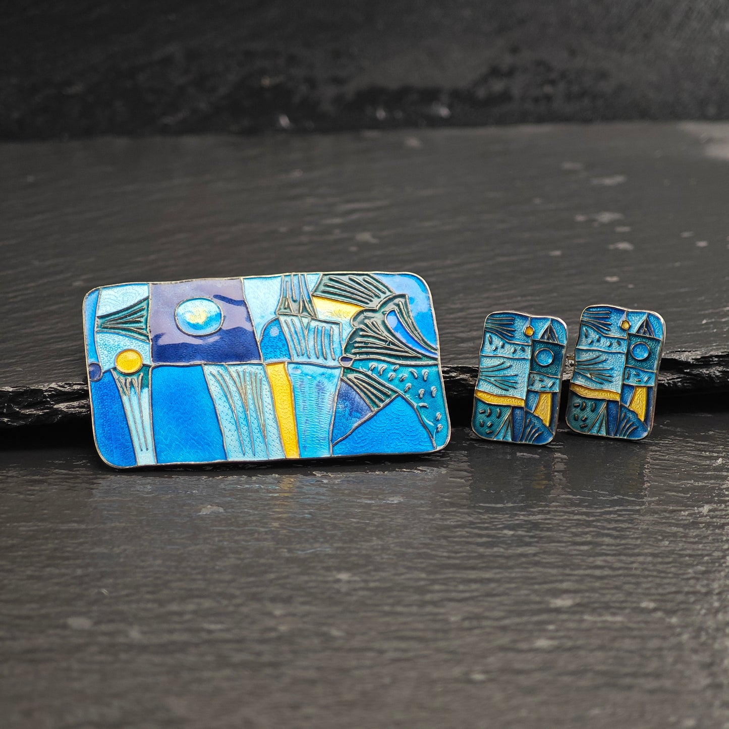 Set of Enamel Abstract, Modernist David Anderson Norway Brooch and Clip-On Earrings Sterling Silver MISC0378