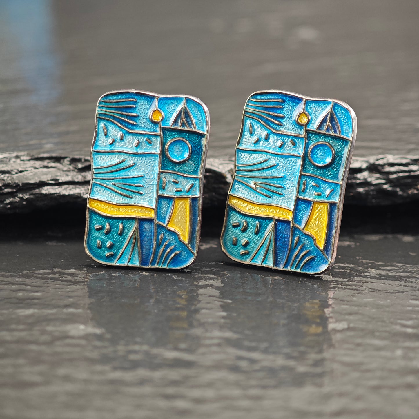 Set of Enamel Abstract, Modernist David Anderson Norway Brooch and Clip-On Earrings Sterling Silver MISC0378