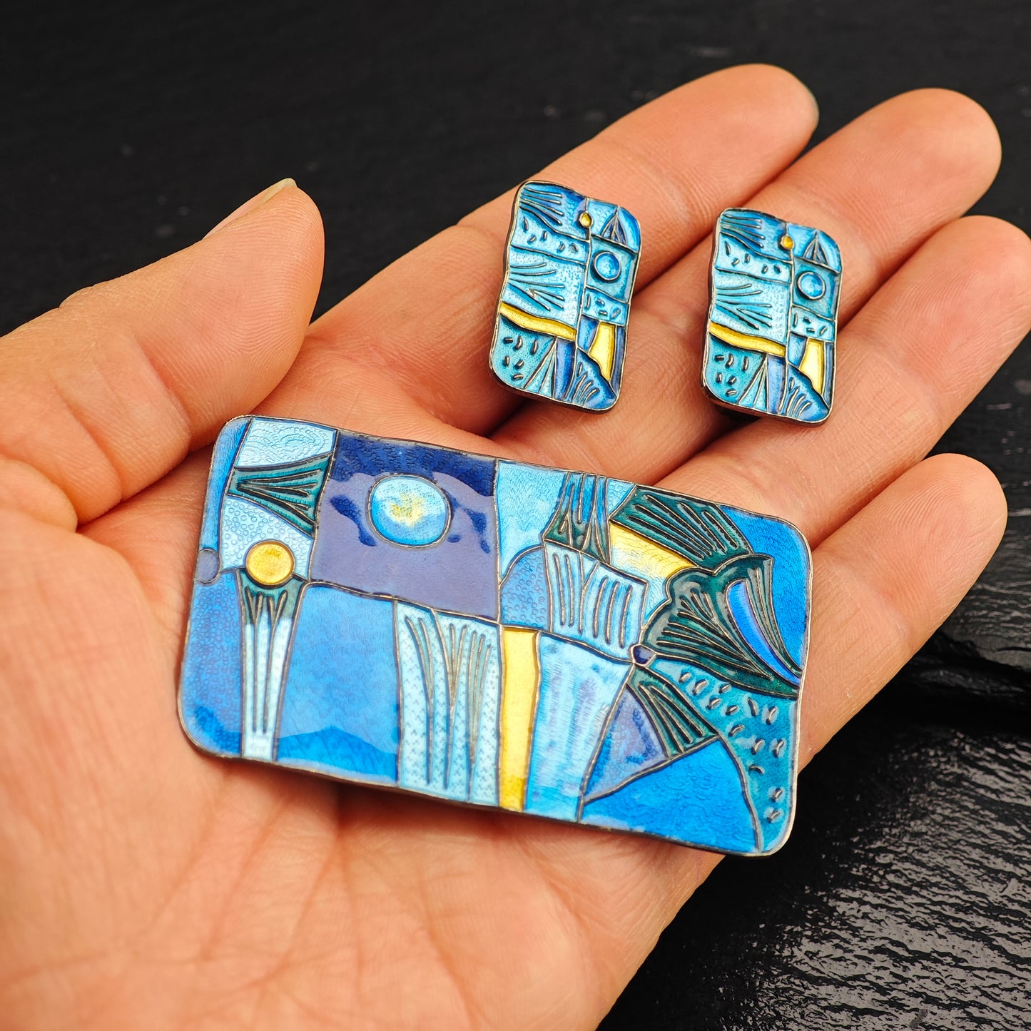 Set of Enamel Abstract, Modernist David Anderson Norway Brooch and Clip-On Earrings Sterling Silver MISC0378