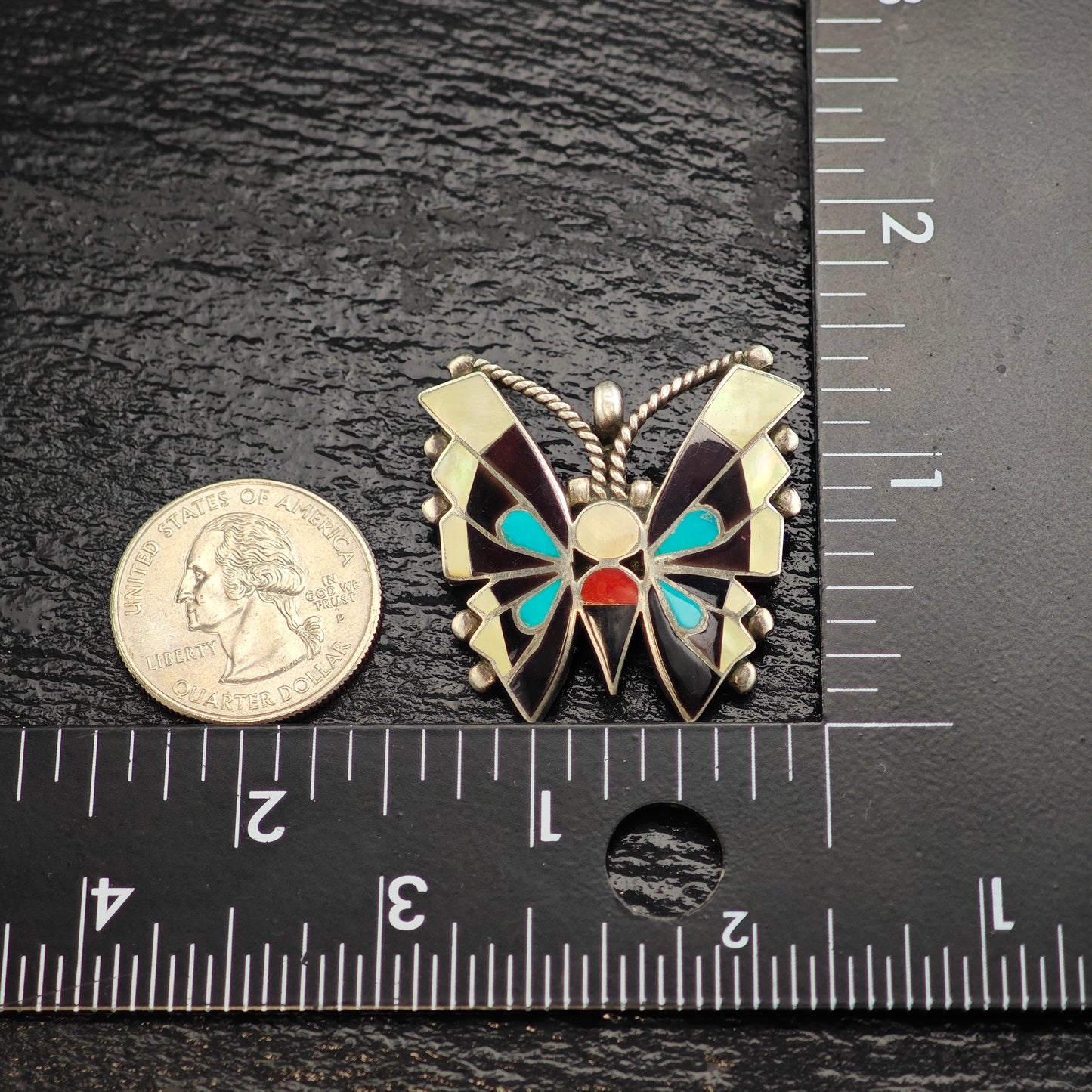 Vintage Zuni, Native American Inlay Butterfly Set of Sterling Silver Cuff, Brooch/Pendant, and Ring Sz 8" MISC0374