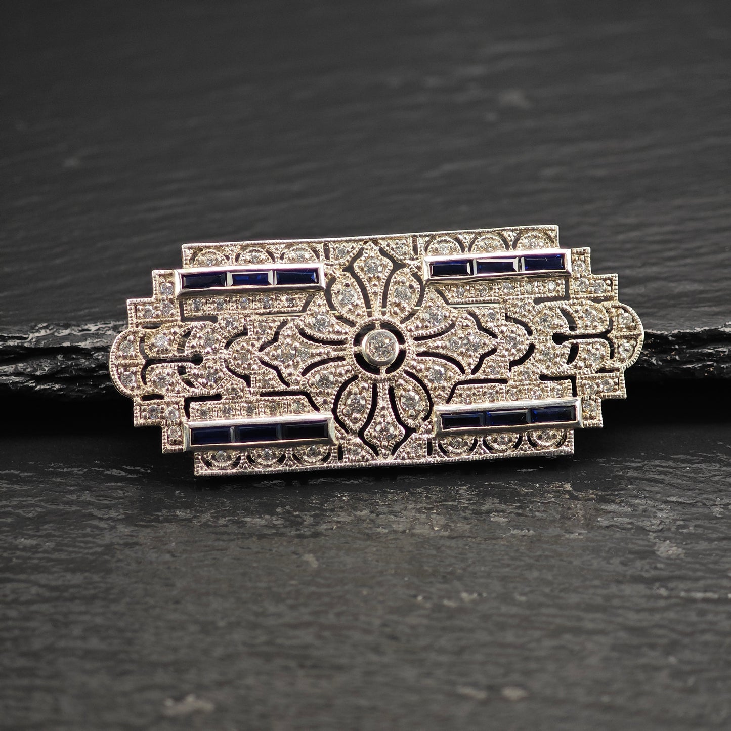 Art Deco Style Lab Sapphire CZ Brooch/Pendant, Sterling Silver P3010