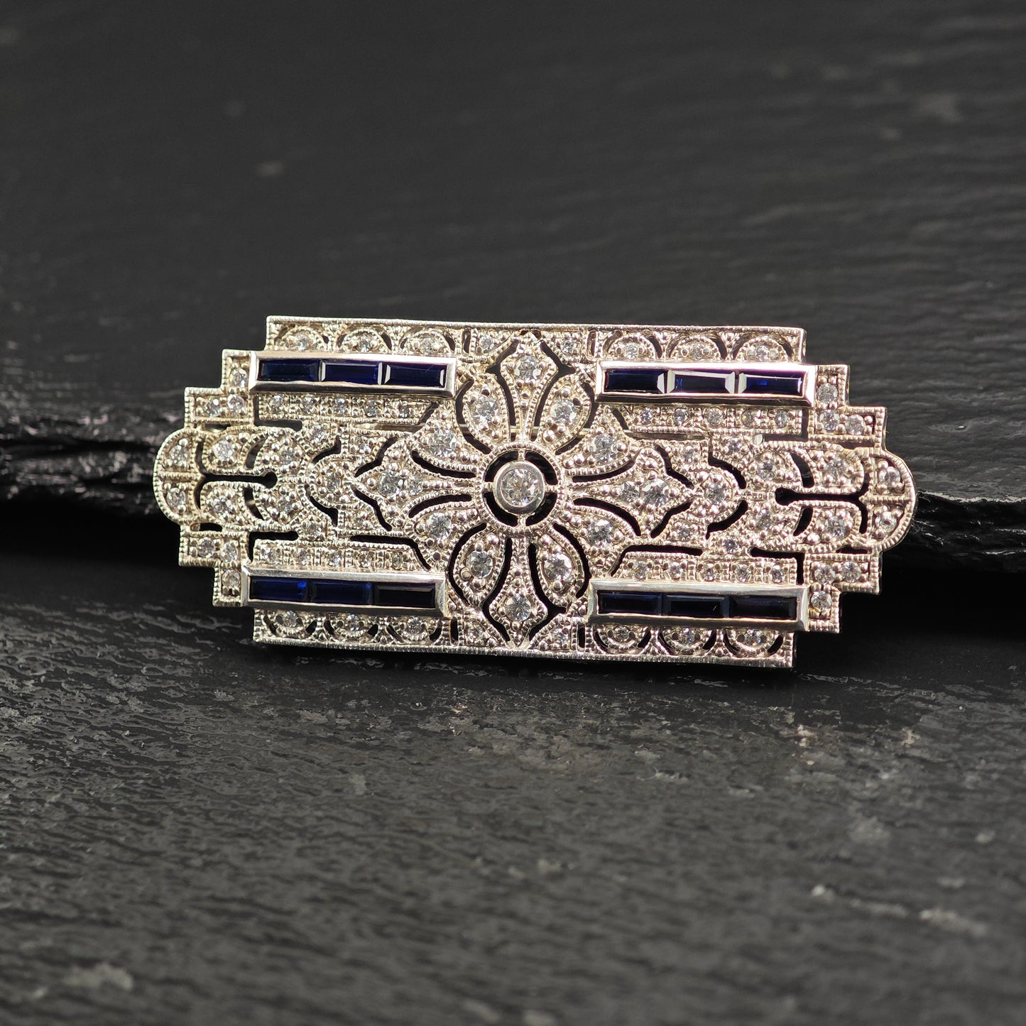 Art Deco Style Lab Sapphire CZ Brooch/Pendant, Sterling Silver P3010