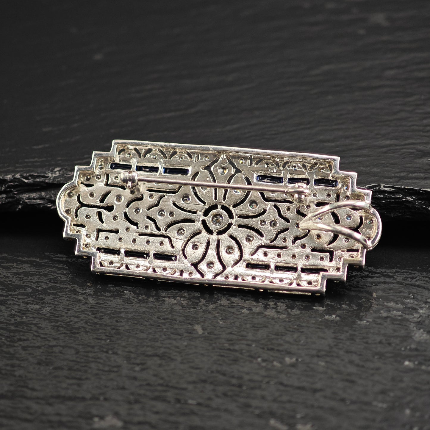 Art Deco Style Lab Sapphire CZ Brooch/Pendant, Sterling Silver P3010