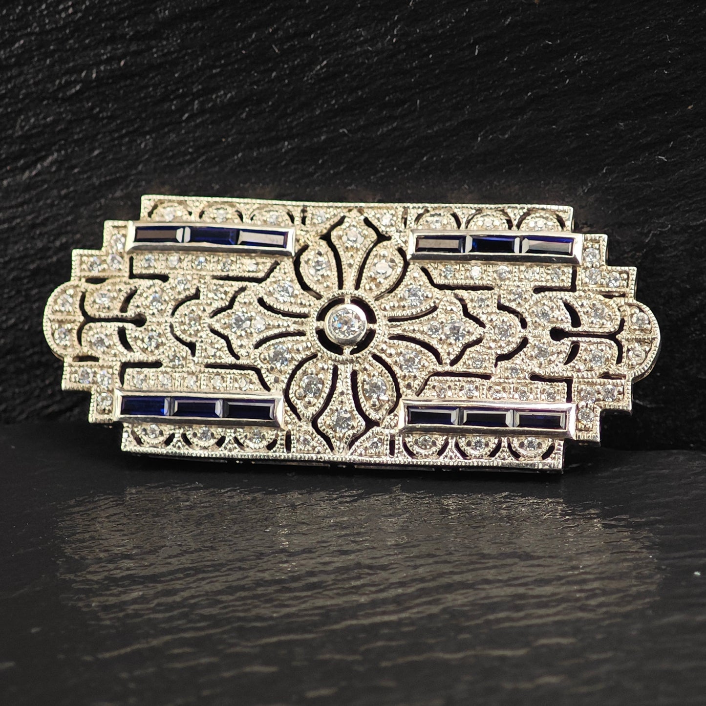 Art Deco Style Lab Sapphire CZ Brooch/Pendant, Sterling Silver P3010