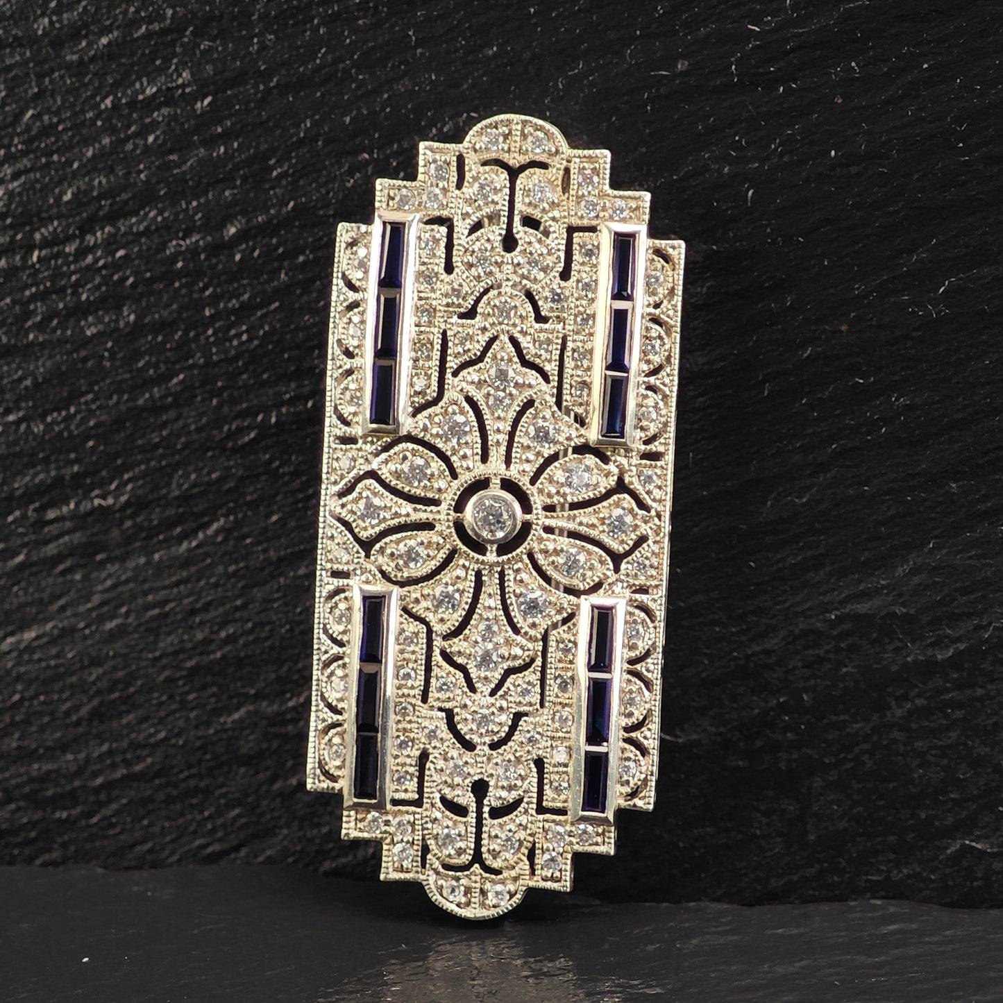 Art Deco Style Lab Sapphire CZ Brooch/Pendant, Sterling Silver P3010