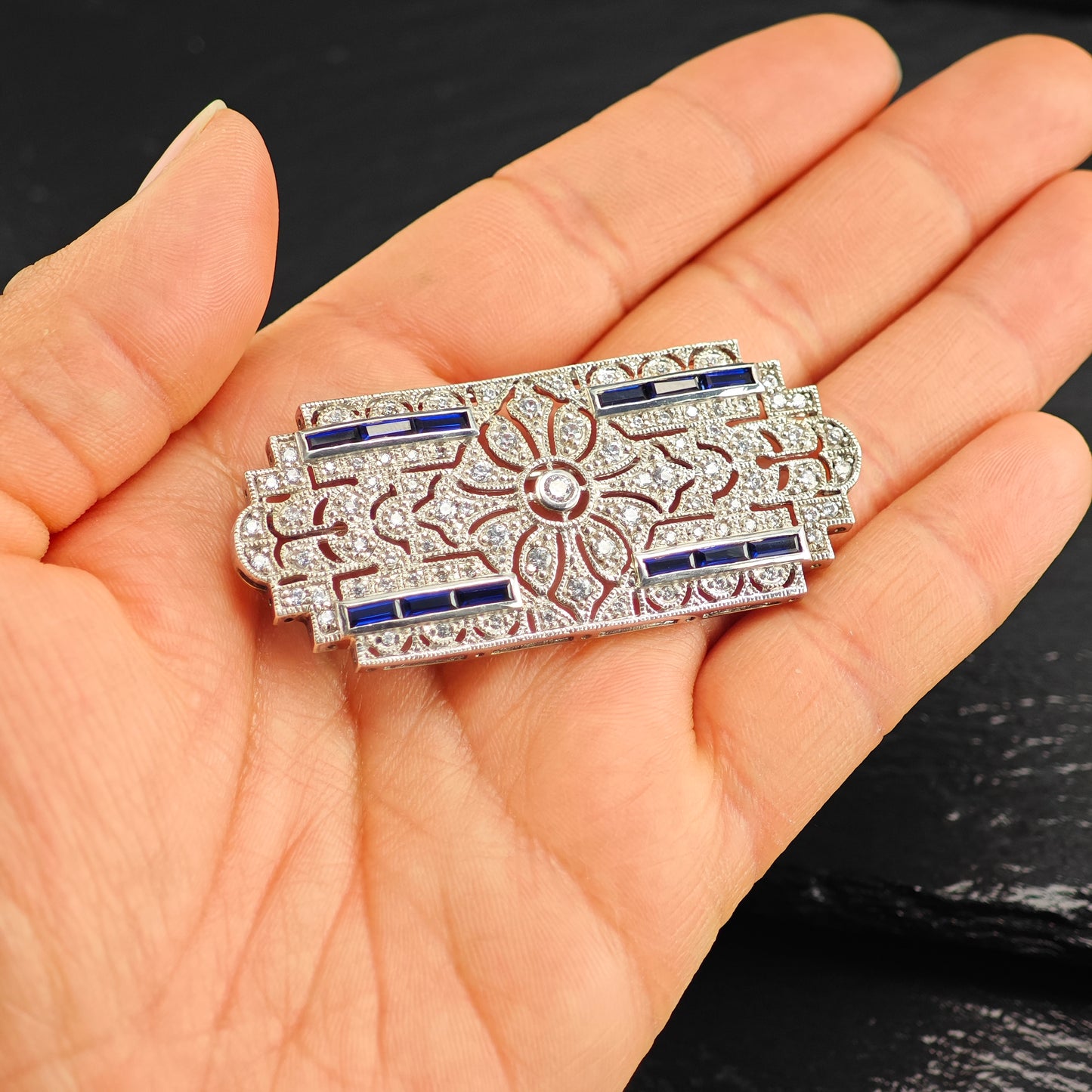 Art Deco Style Lab Sapphire CZ Brooch/Pendant, Sterling Silver P3010