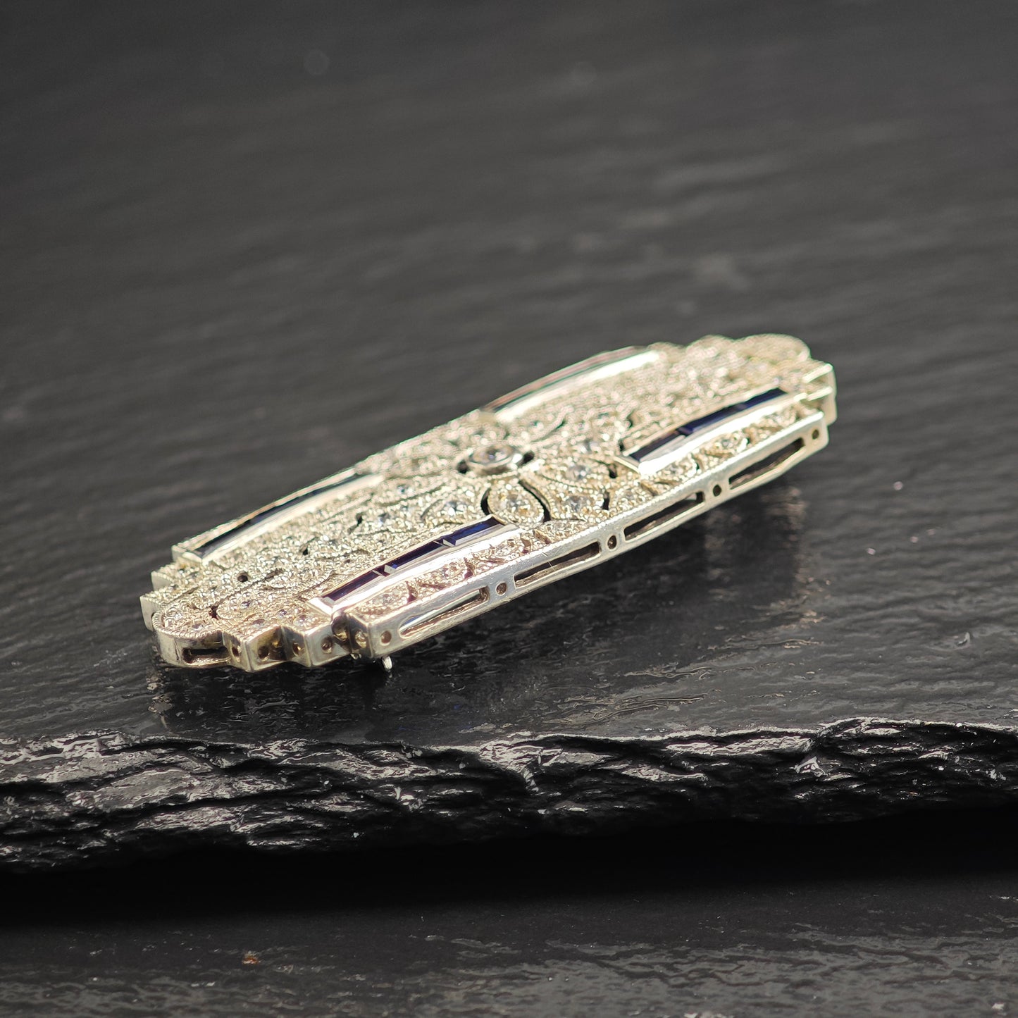 Art Deco Style Lab Sapphire CZ Brooch/Pendant, Sterling Silver P3010