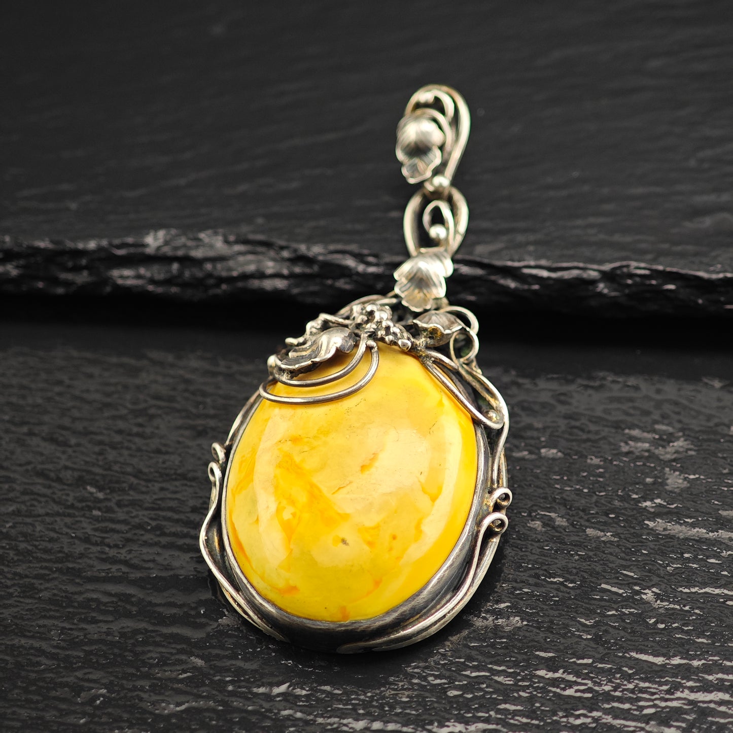Art Nouveau Style Butterscotch Amber Pendant Sterling Silver P3018