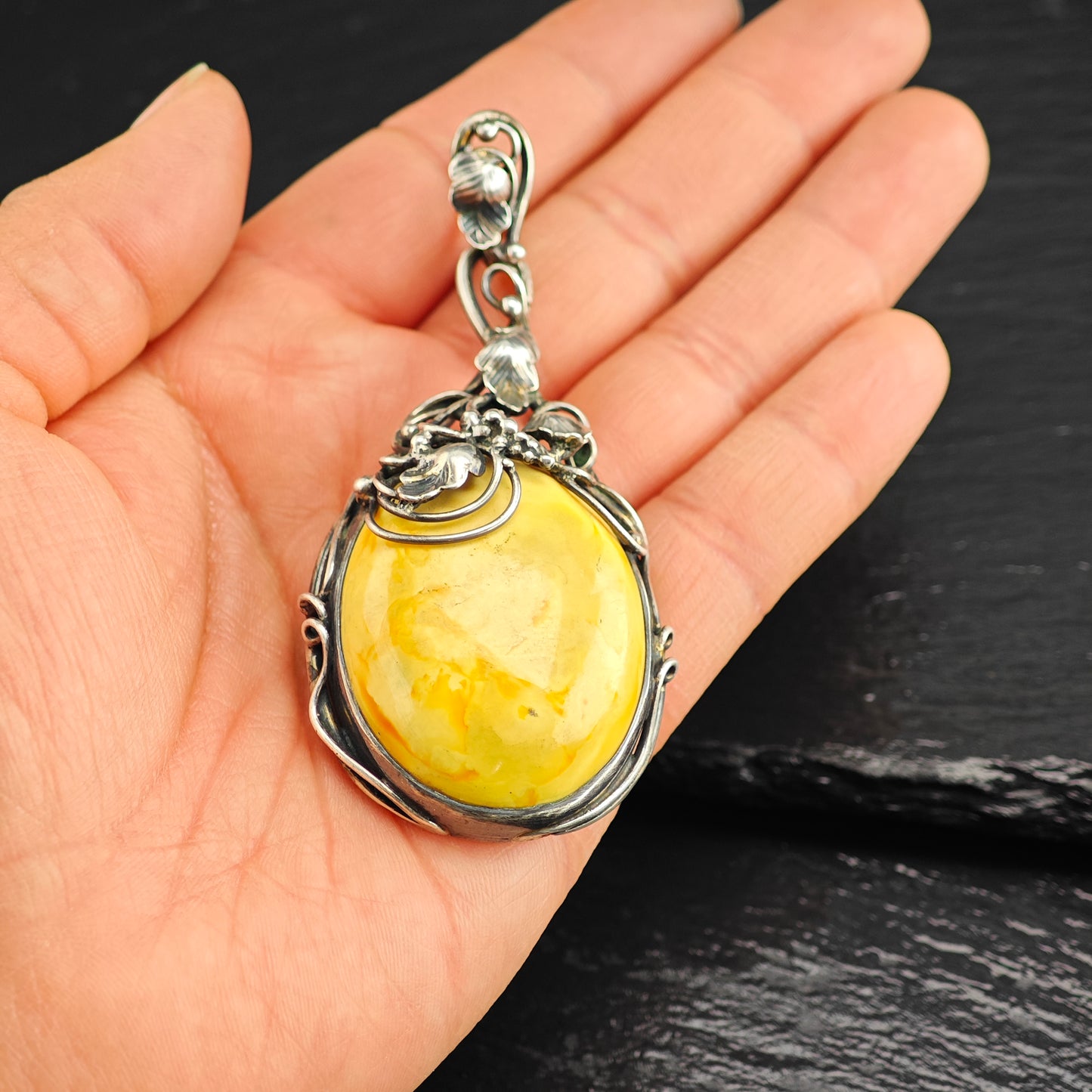 Art Nouveau Style Butterscotch Amber Pendant Sterling Silver P3018
