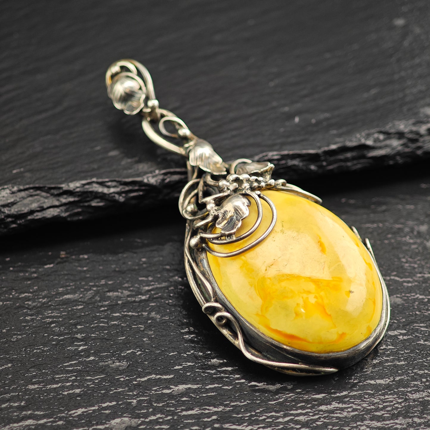 Art Nouveau Style Butterscotch Amber Pendant Sterling Silver P3018