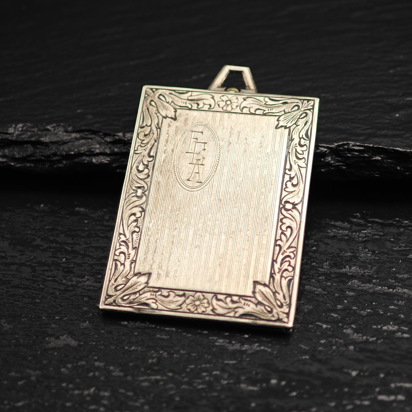 Antique Book Picture Locket Pendant Engraved ECA, Sterling Silver P3023