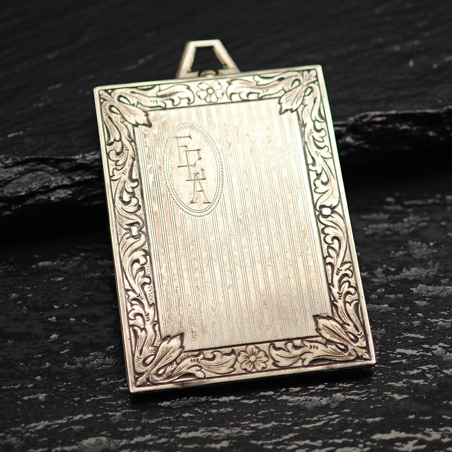 Antique Book Picture Locket Pendant Engraved ECA, Sterling Silver P3023